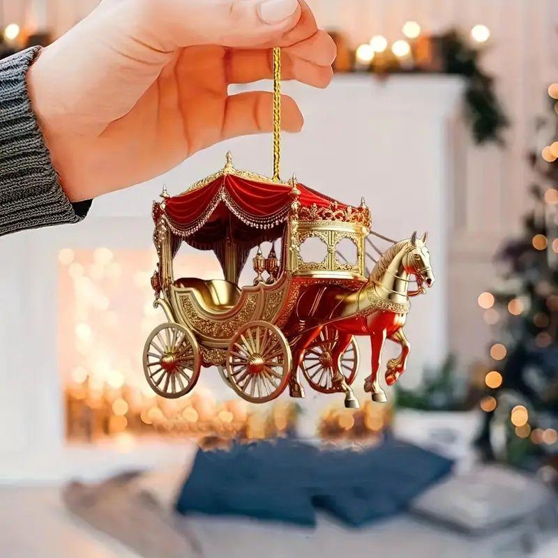 Car Accessories Oman - 1 個馬車クリスマスオーナメント馬そり馬車 2D アクリルクリスマスツリーオーナメント冬の家の装飾車のテーブル用