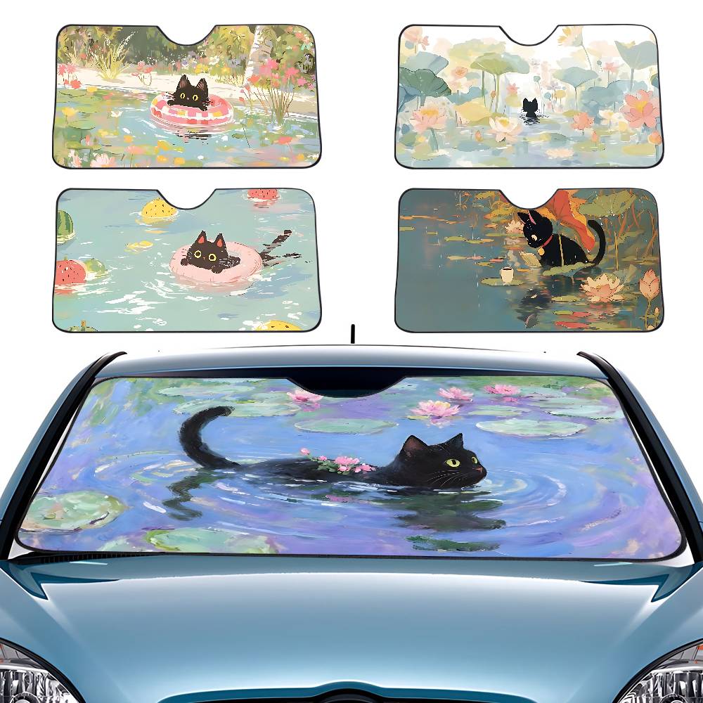 Car Accessories Outside - 漫画猫蓮の葉車サンシェードカーテンフロントガラスフロントウィンドウ70x130cmサンバイザーソーラープロテクトチェック柄ギフトノベルティカー
